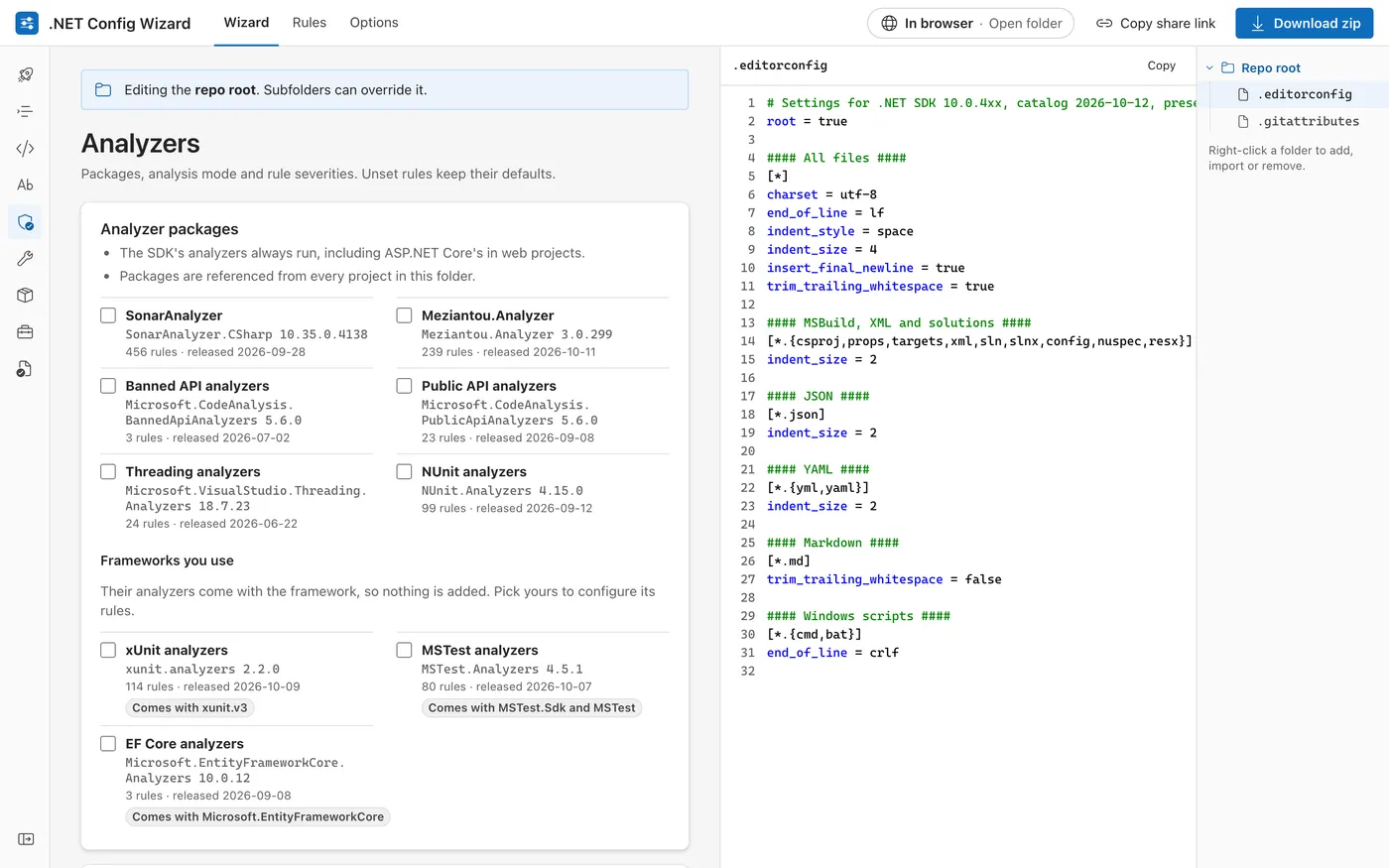 The wizard’s Analyzers step, with the generated .editorconfig beside it.